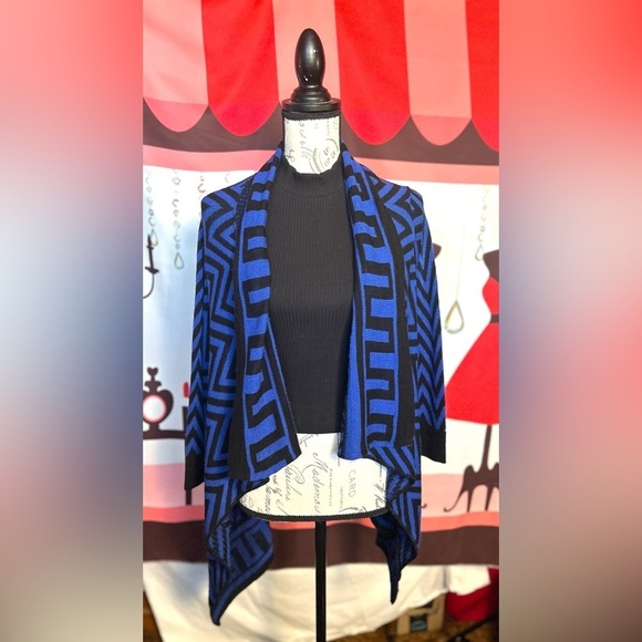 Allison Brittney Sweaters - Allison Brittney Blue Black Chevron Asymmetrical Cardigan Wrap Sweater Kimono​